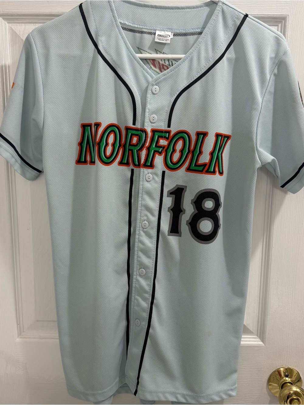 Light Blue Norfolk Tides Baseball Jersey with Black Piping- promotion